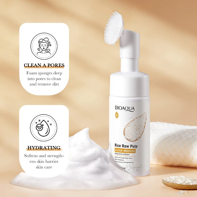 120ml BIOAOUA Rice Raw Pulp Foaming Facial Puree Cleansing Mousse Soothing Facial Cleanser With Brush Head Clear Face Wash