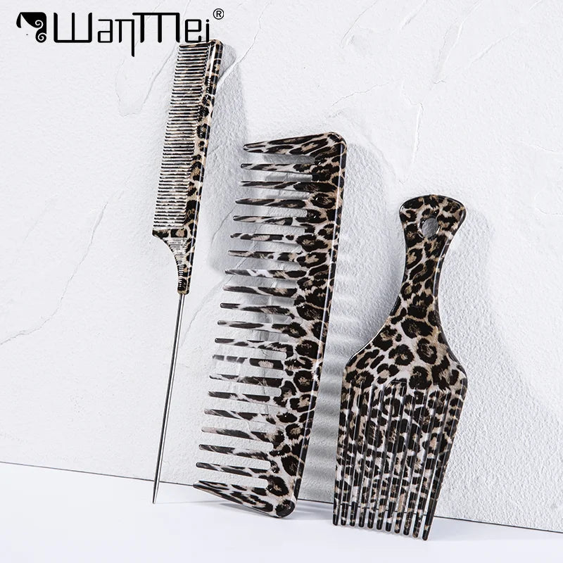 1/2/3pcs Leopard Print Comb Set Anti-Static Wide Teeth Afro Braid Fork Comb Rat Tail Curly Hair Styling Tools