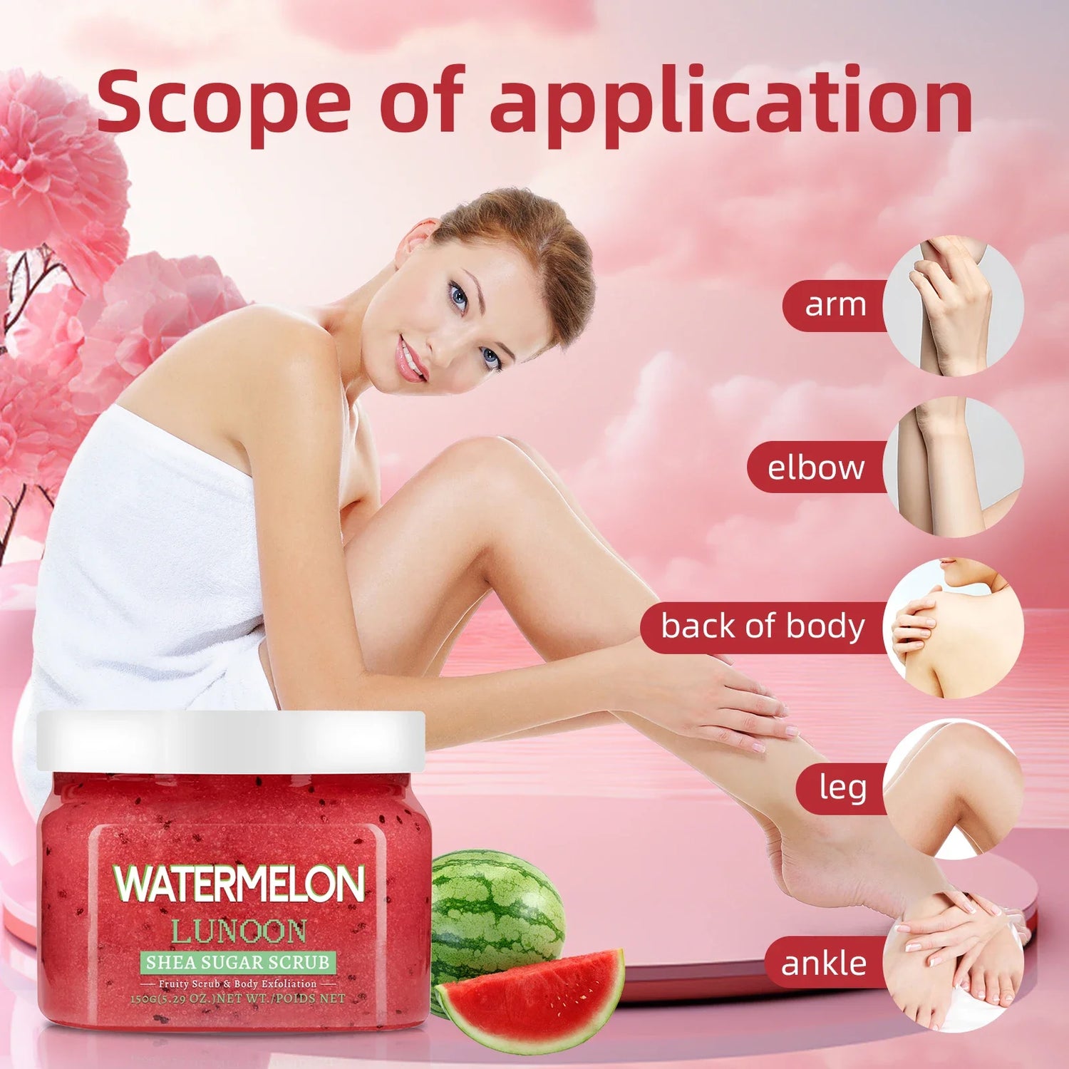 Watermelon Shea Sugar Scrub 150g - Natural Body Exfoliator, Moisturizing, Smoothing, for Elbow, Knee, Back, Leg, All Skin Types