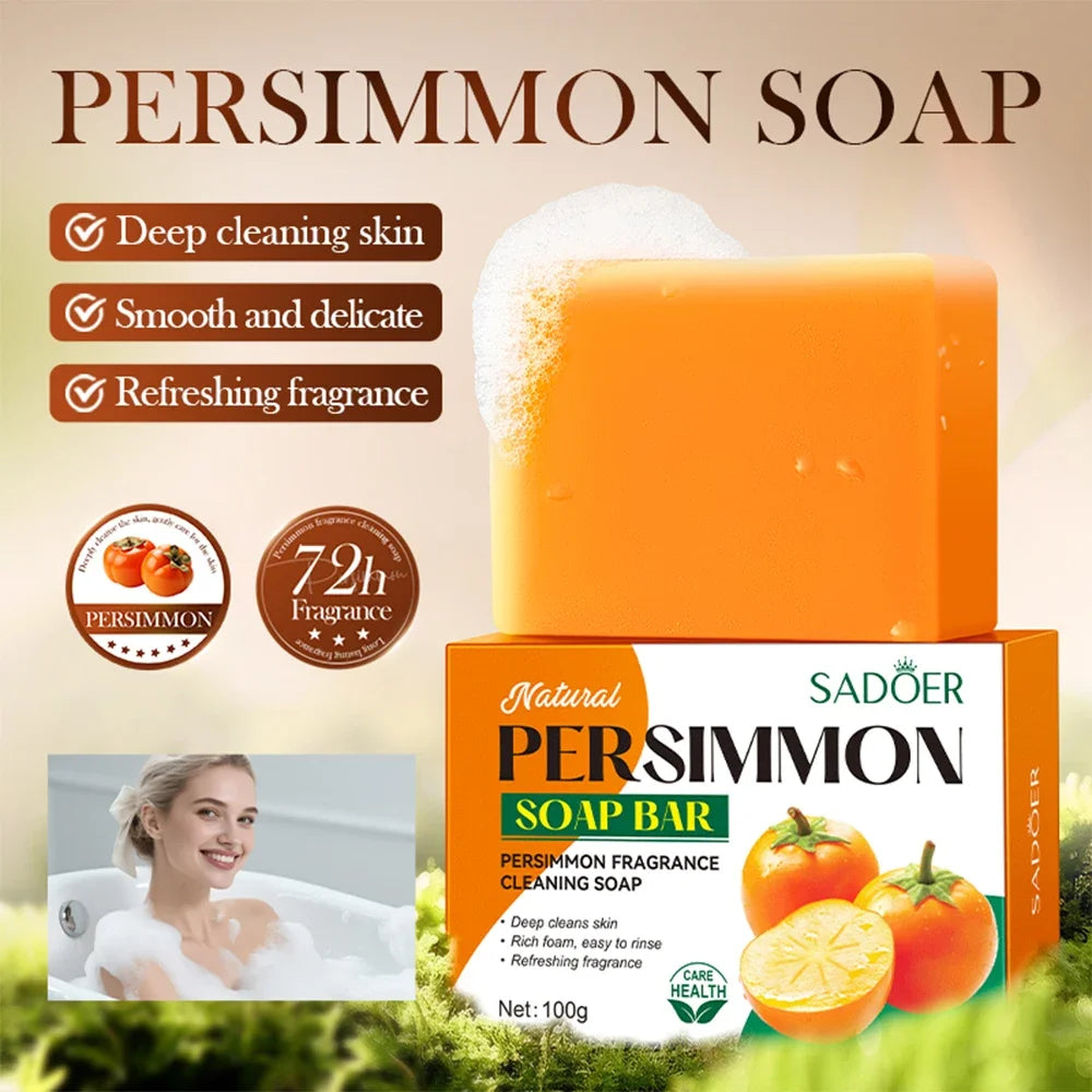 1/2Pcs Persimmon Cleansing Soap Bar with Foaming Net Body Care Face Wash Exfoliating Whitening Soap Fruit Handmade Shower Soap