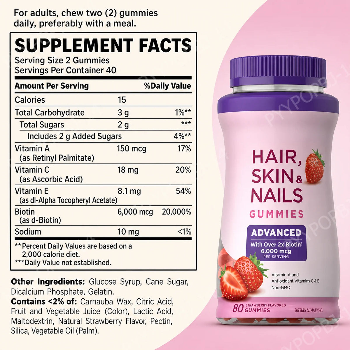 Hair Skin Nails Gummies with Biotin 6000 mcg, Vitamins A C & E, Strawberry Flavor, 80 Gummies, Daily Beauty Support for Adults