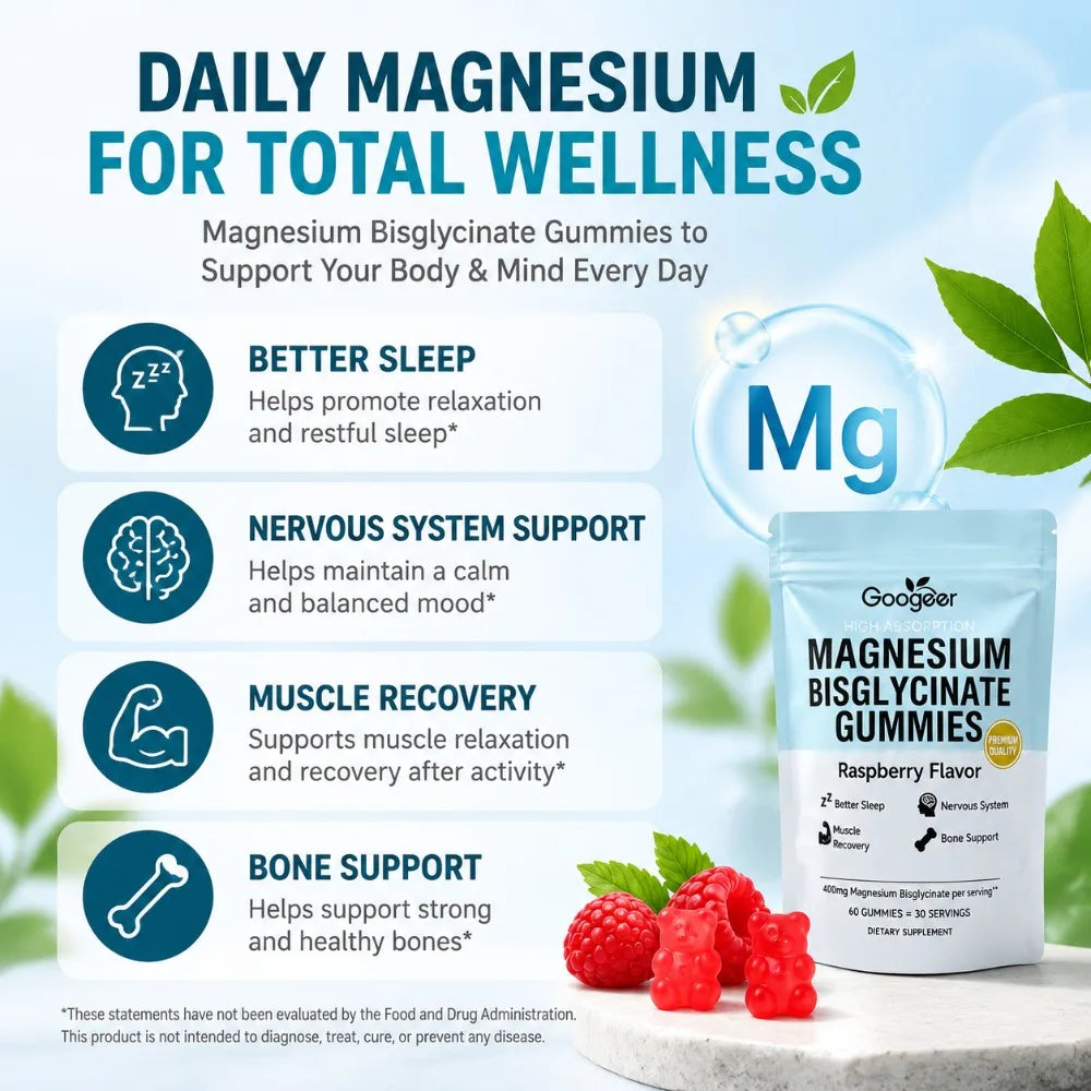 Magnesium Bisglycinate Gummies 400mg High Absorption for Sleep, Muscle Recovery & Bone Support with D3 & Zinc, Raspberry 60 Ct