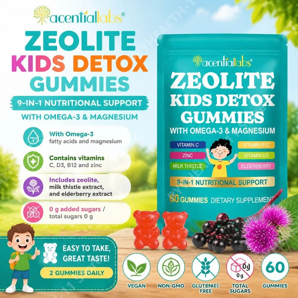 Acentiallabs Zeolite Kids Gummies with Clinoptilolite, Vitamin C, D3, B12, Magnesium & Zinc, Immune & Bone Support, 60 Gummies