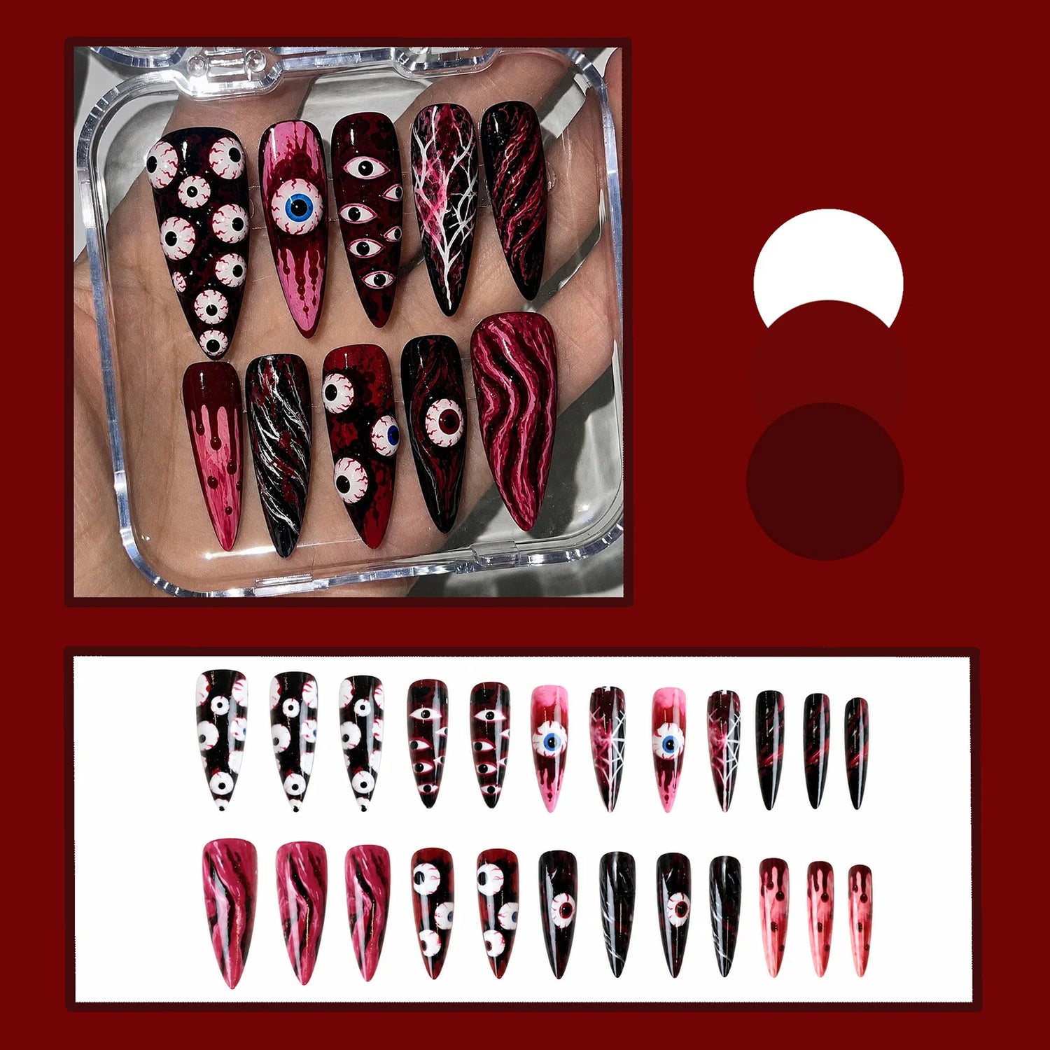 24pcs Blood Color Long Pointed Fake Nails Horror Hundred Eyeballs Decor Press On Nails Halloween Gothic Style Party False Nail