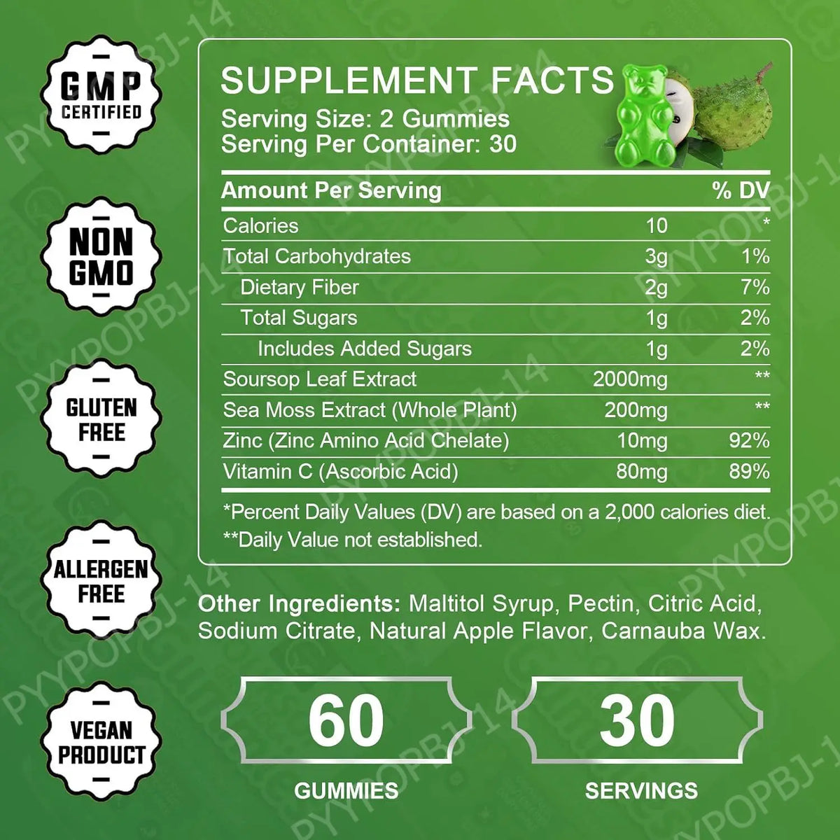 Soursop Graviola Gummy with Soursop Leaf Extract Sea Moss and Vitamin C Enhance The Immune System and Assist Digestion 60Count