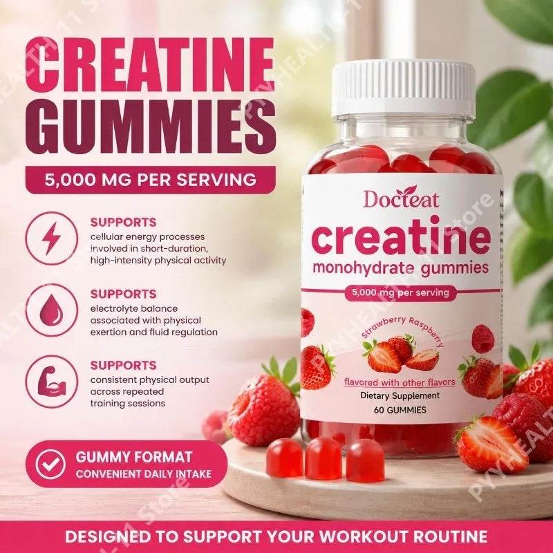 Docteat Creatine Monohydrate Gummies, 5,000 Mg Per Serving, Supports Energy & Electrolyte Balance During Training 60 Gummies