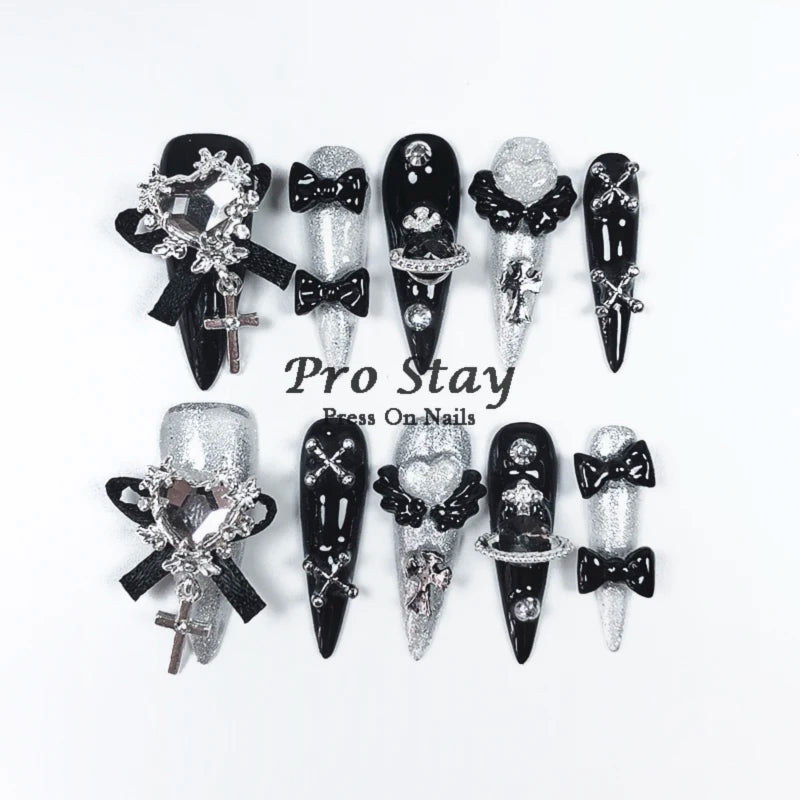 10pcs Dark Black Y2k Hot Girl Handmade Press On Nails Sweet Cool With Diamond Metal Decoration Wearable Artificial False Nail