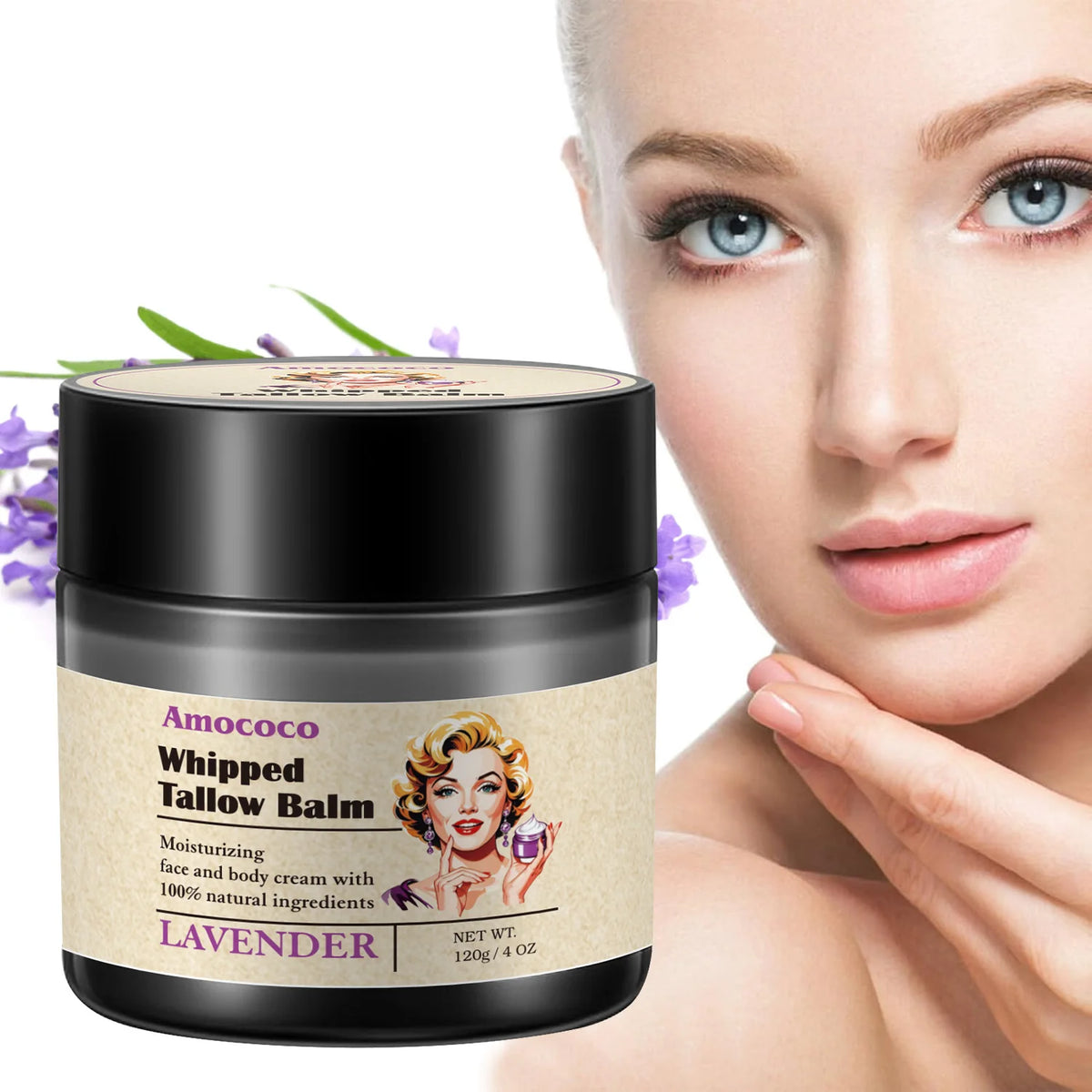 Amococo 1/2pcs Whipped Tallow Balm 120g 4oz Beef Tallow Moisturizer Cream Lavender Vanilla Scent Face Body Care Grass Fed Tallow with Olive Oil Essential Oil Nourishing Skin Moisturizing Balm