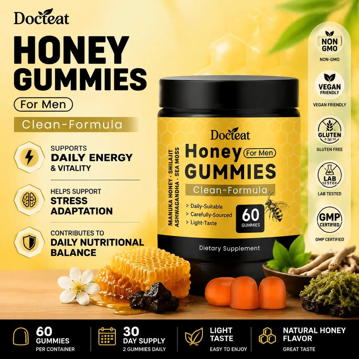 Docteat Honey for Men Gummies Shilajit Sea Moss Manuka Honey Ashwagandha Root Extract Daily Helps Stress Adaptation 60 Gummies