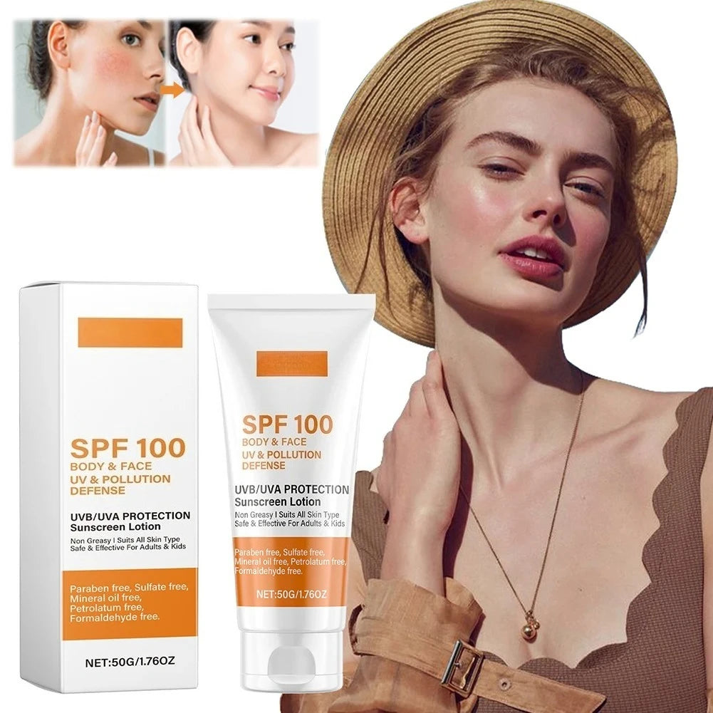 Face & Body Sunscreen Non-Greasy SPF 100+ Facial Sunblock UVA & UVB Protection Sunblocking Cream Anti Aging for Summer Beach