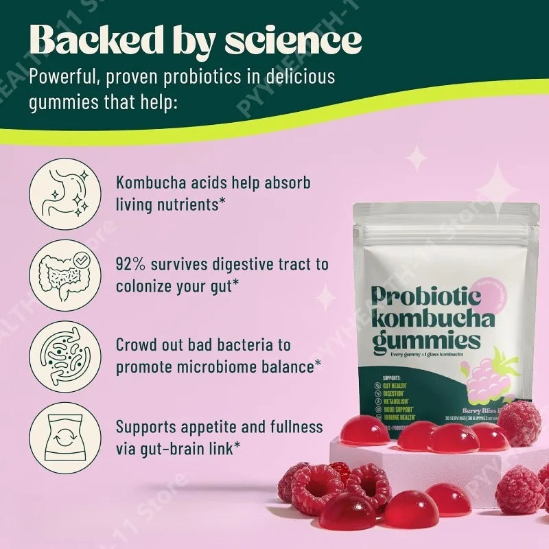 Probiotic Kombucha Gummy with Fiber & Kombucha Prebiotics Fiber Supplement Dandelion Root for Bloating Gut Support Supplement