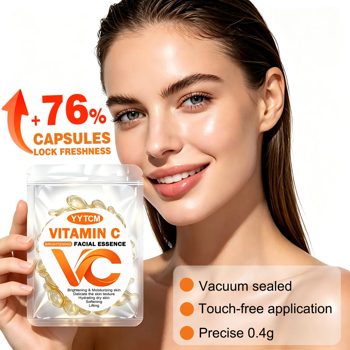 Vitamin C facial serum, moisturizing and brightening, firming the skin, contains vitamin E, retinol, and hyaluronic acid. Available in 18/30/60/90/150/300 capsules