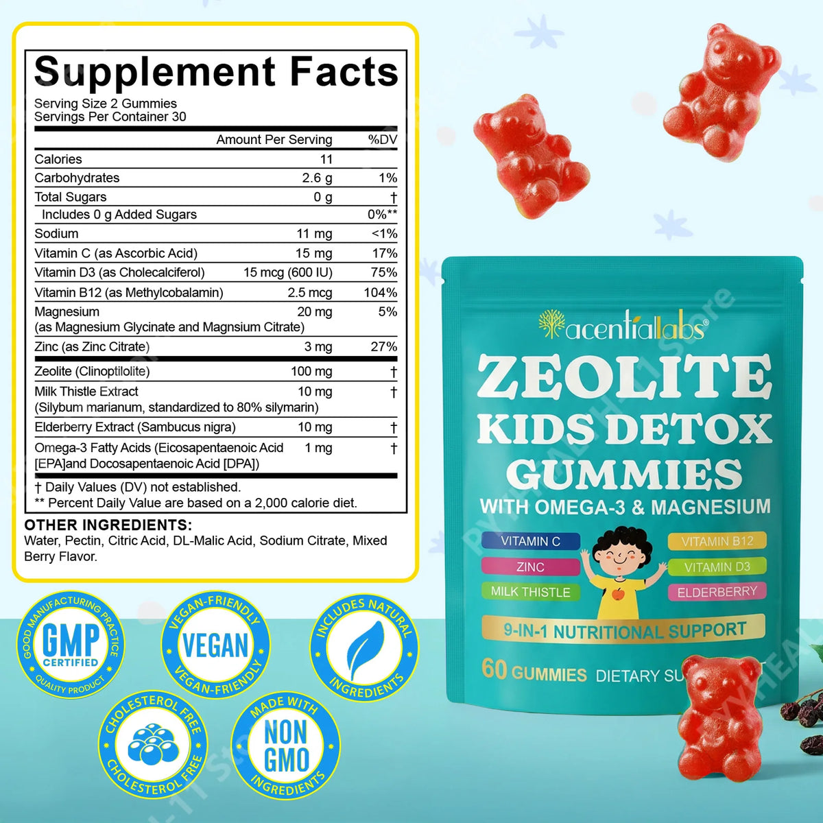 Acentiallabs Zeolite Kids Gummies with Clinoptilolite, Vitamin C, D3, B12, Magnesium & Zinc, Immune & Bone Support, 60 Gummies