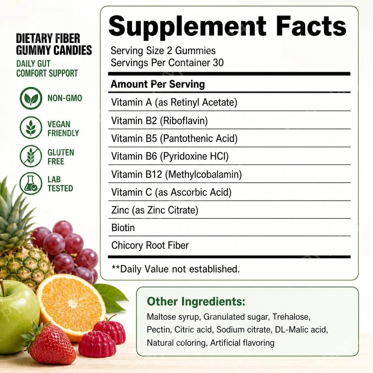 Plant Fiber Gummies with Chicory Root Fiber, Promotes Regular Bowel Movements Gently, Zero Added Sucrose, 60 Gummies