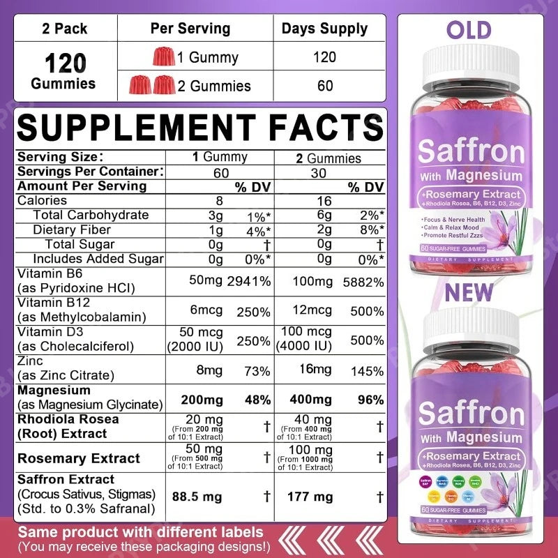 Saffron Gummies 4 Months Supply Extract 177mg Magnesium Glycinate B6 B12 D3 for Calm Rest Focus Sugar Free