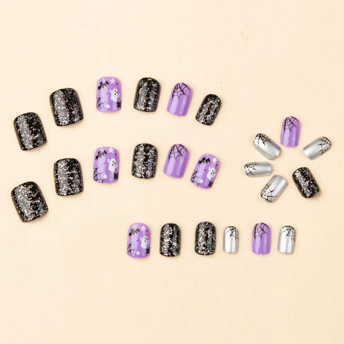24Pcs Square Short Coverage Press On Nails Halloween Purple Shinne Funny Fake Nails Cute Ghost Reusable False Nail Star Wear