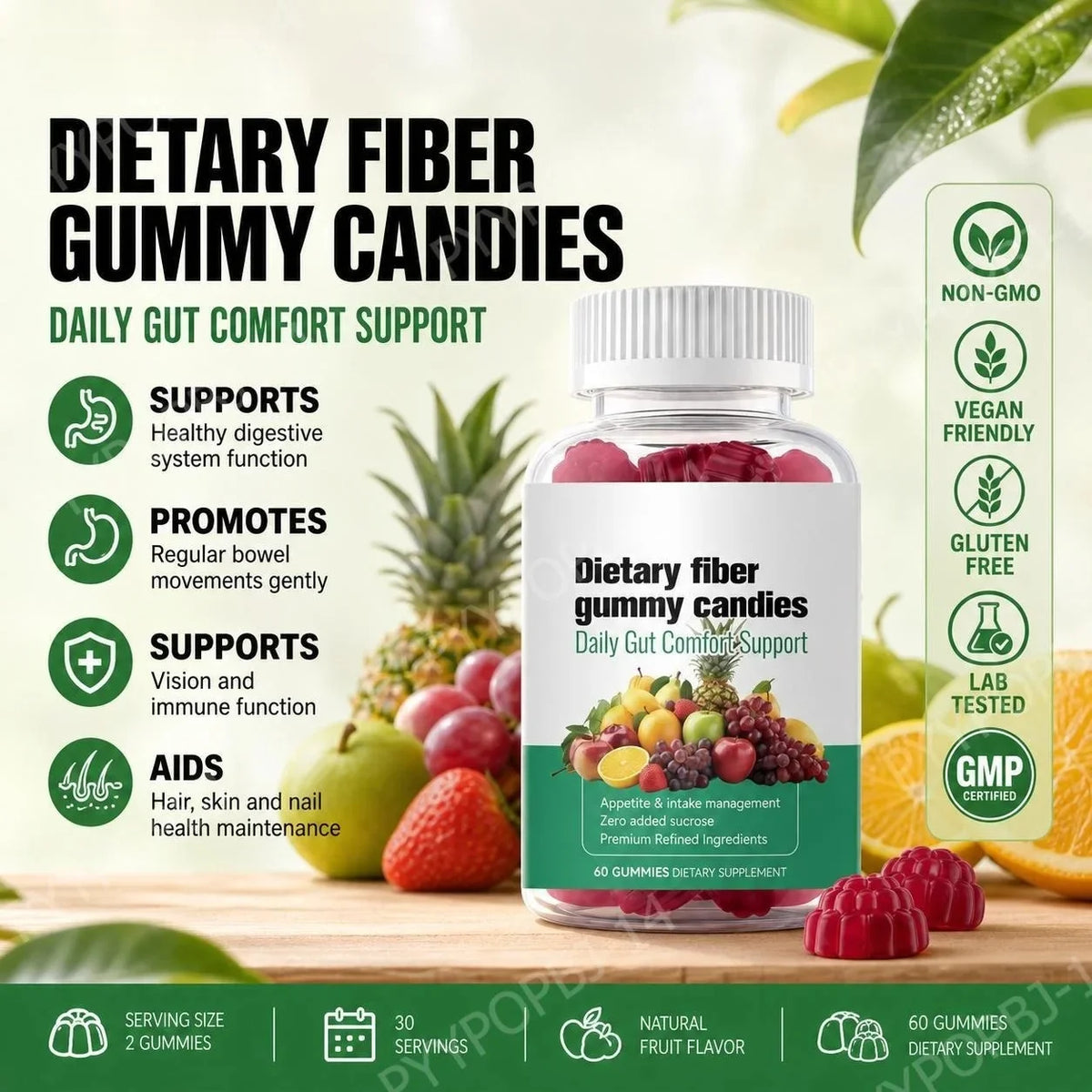 Plant Fiber Gummies with Chicory Root Fiber, Promotes Regular Bowel Movements Gently, Zero Added Sucrose, 60 Gummies