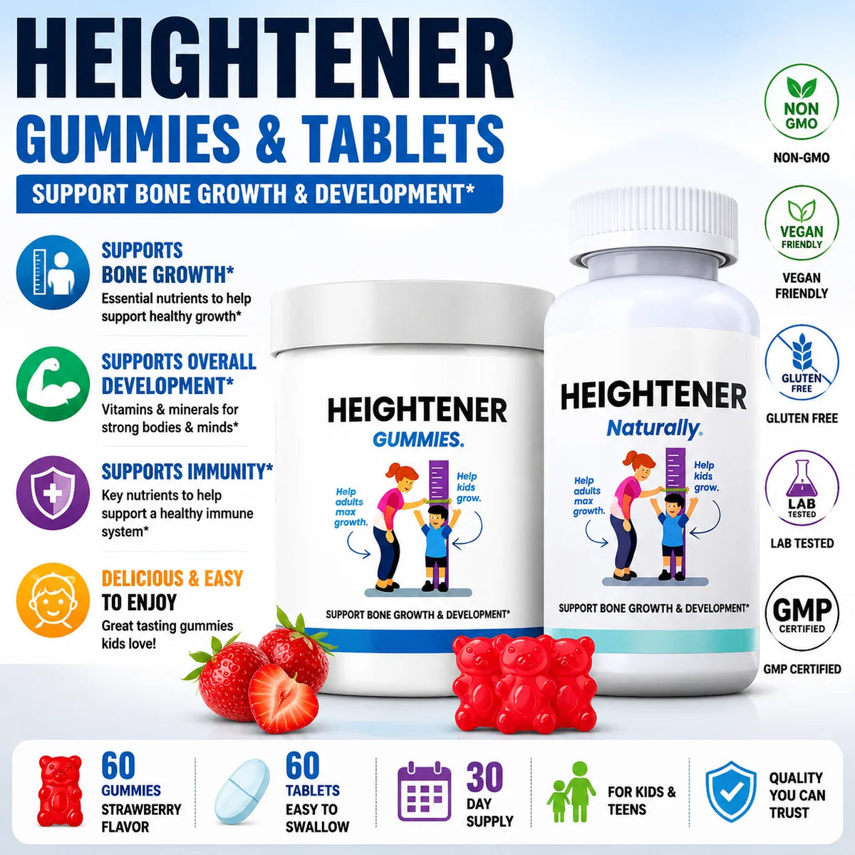 Bone Health Support Gummies 60 Count, Daily Wellness Supplement for Kids Teens Adults, General Nutrition & Lifestyle Support