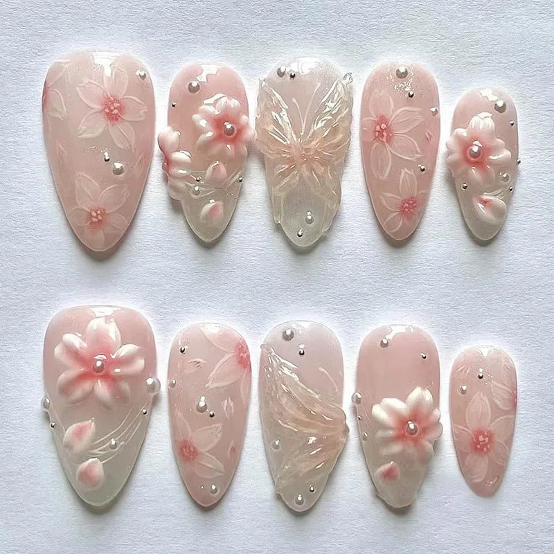 24pcs Flower Lines False Nails Tips Wearable Gradient Pink Long Almond Fake Nail with Pearl Design Press on Nails Sets Manicure