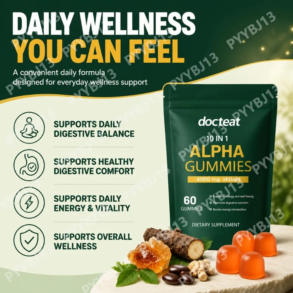 Docteat 10 in 1 Shilajit Gummies, Daily Energy Support Ashwagandha Maca Ginger Blend For Adults 4000mg 60 Gummies 30 Day Supply