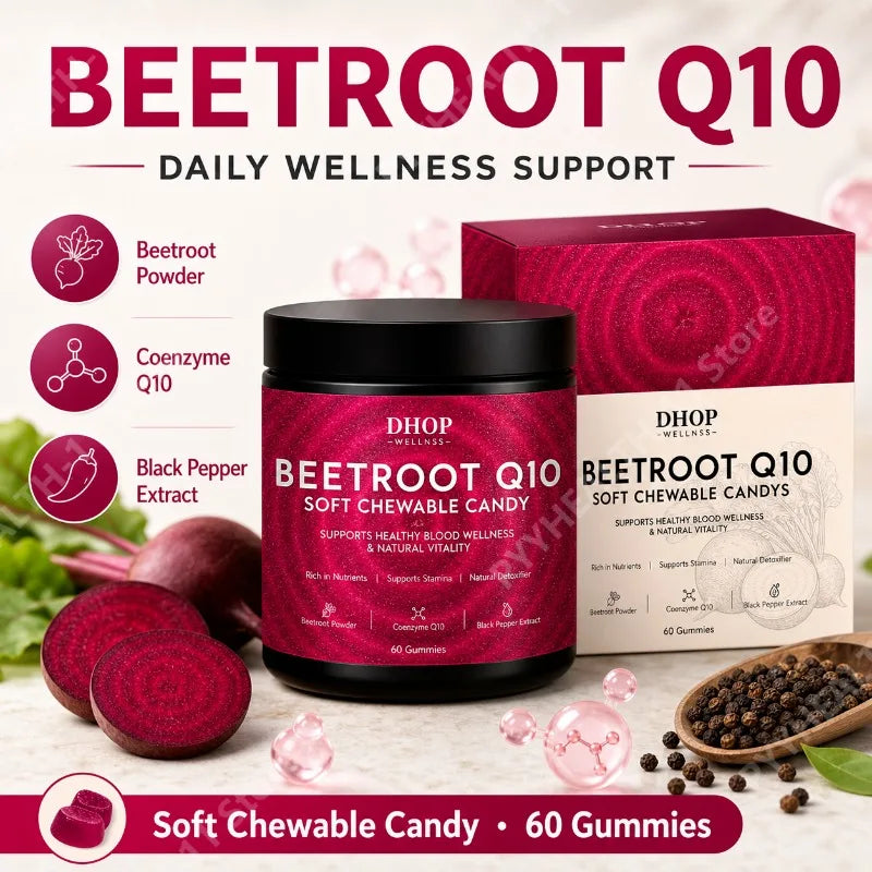 DHOP Beetroot Q10 Gummies Daily Wellness Support Beetroot Powder Coenzyme Q10 Black Pepper Extract Men Women 60 Gummies