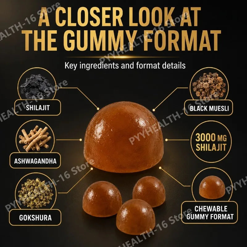 Shilajit Gold Gummies with 75% Fulvic Acid, 85+ Trace Minerals, No Added Sugar, Gelatin Free, No Artificial Colors 60 Gummies