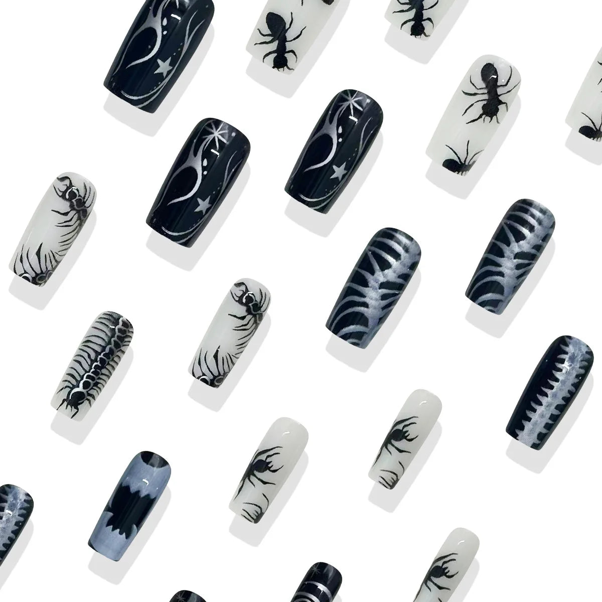 24pcs Gothic Punk Fake Nail Tips Black Ant Centipede Print Coffin Head Press on Nails Wearable European Halloween  False Nails