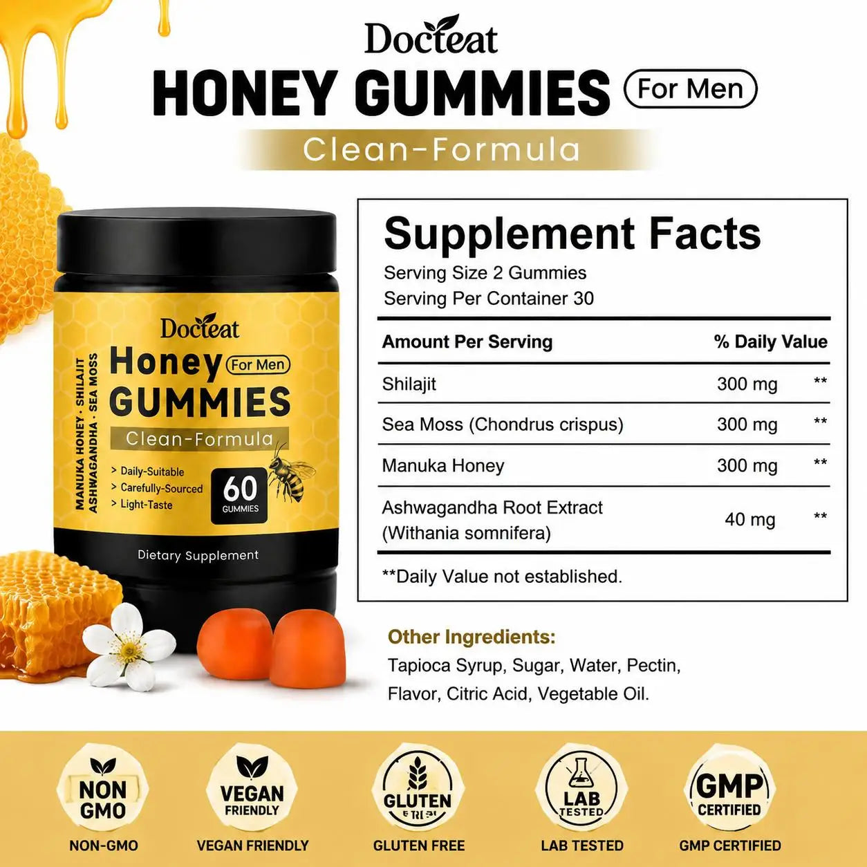 Docteat Honey for Men Gummies Shilajit Sea Moss Manuka Honey Ashwagandha Root Extract Daily Helps Stress Adaptation 60 Gummies