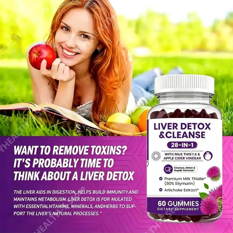 28 in 1 Milk Thistle Gummies Apple Cider Vinegar 60 Count 80% Silymarin Artichoke Extract Daily Herbal Wellness Supplement