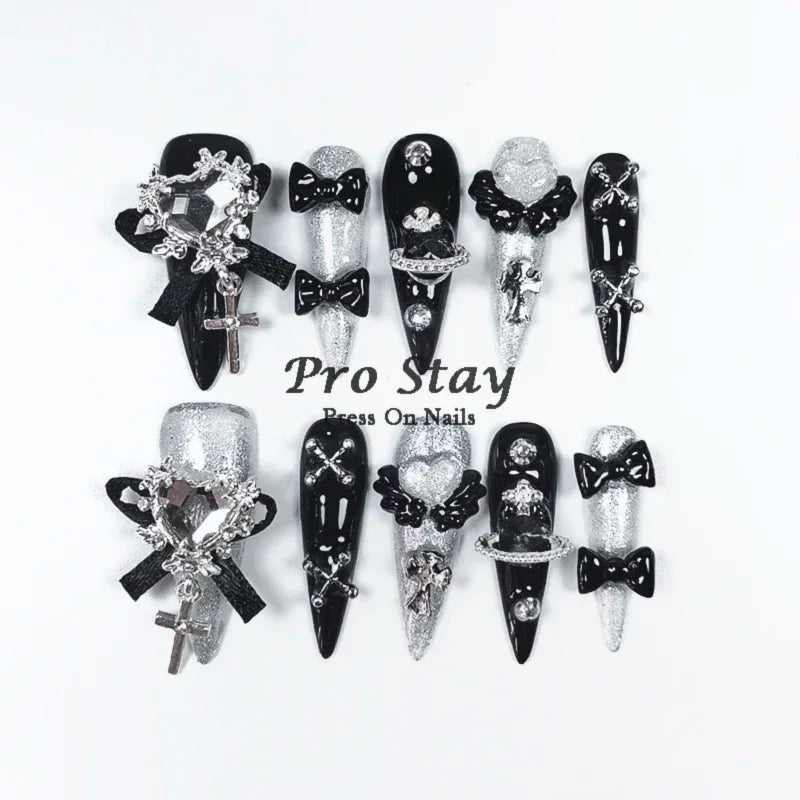 10pcs Dark Black Y2k Hot Girl Handmade Press On Nails Sweet Cool With Diamond Metal Decoration Wearable Artificial False Nail