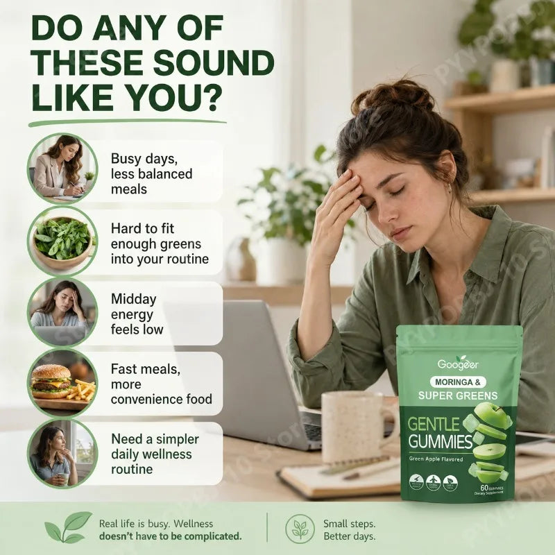 Googeer Moringa Super Greens Gummies Daily Greens Support Green Apple Flavor Vegan 60 Gummies