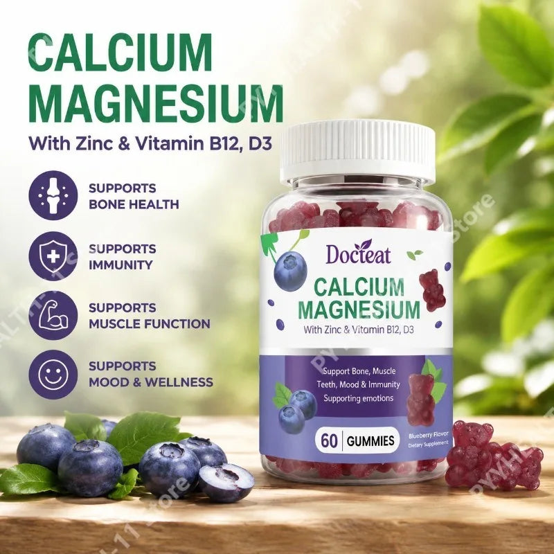 Docteat Calcium Magnesium Gummies with Zinc, Vitamin D3 and B12 To Support Calcium Absorption and Nervous System 60 Gummies