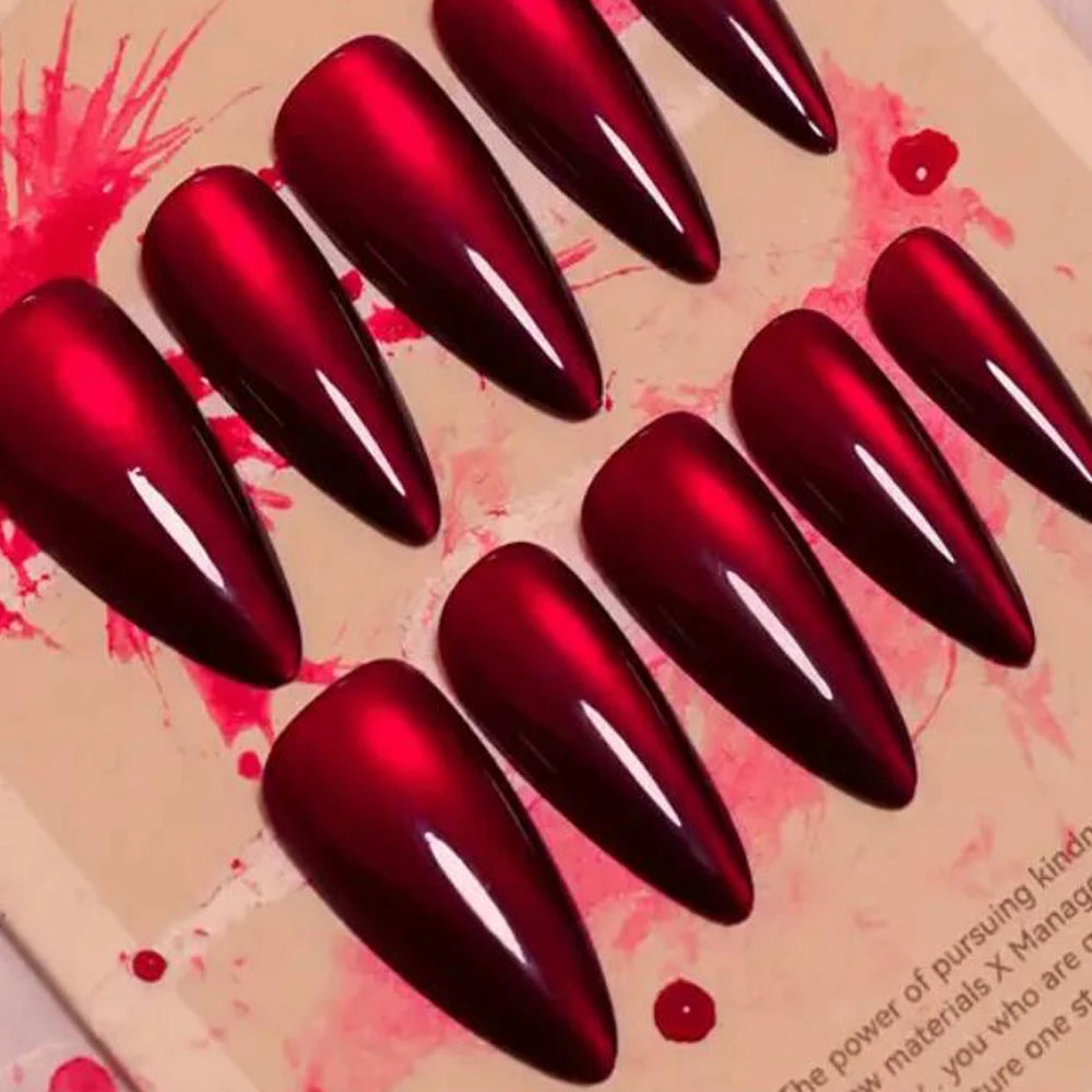 30pcs Long Almond Red Cat Eye Press-On Nails Halloween Gothic Scarlet Long Coffin  Fake Nails Glossy 3Sizes Halloween Fasle Nail