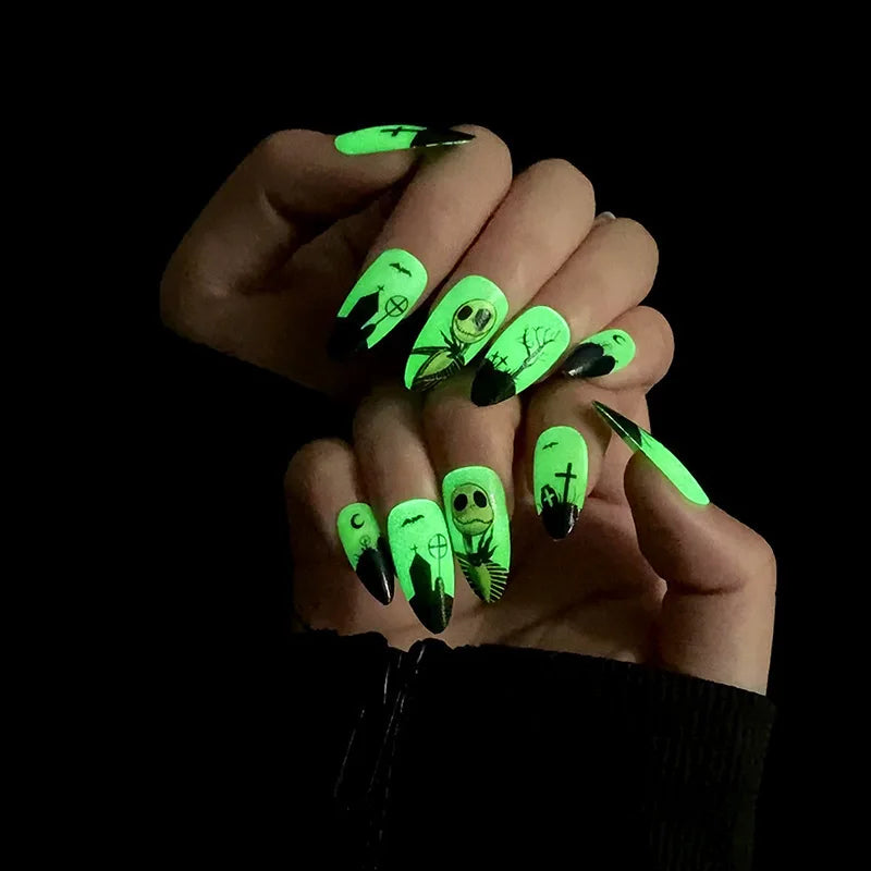 24Pcs Noctilucent skull Fake Nails Almond Long Press On Nails Black Ghost Reusable False Nails Halloween Wearing Nail Decoration