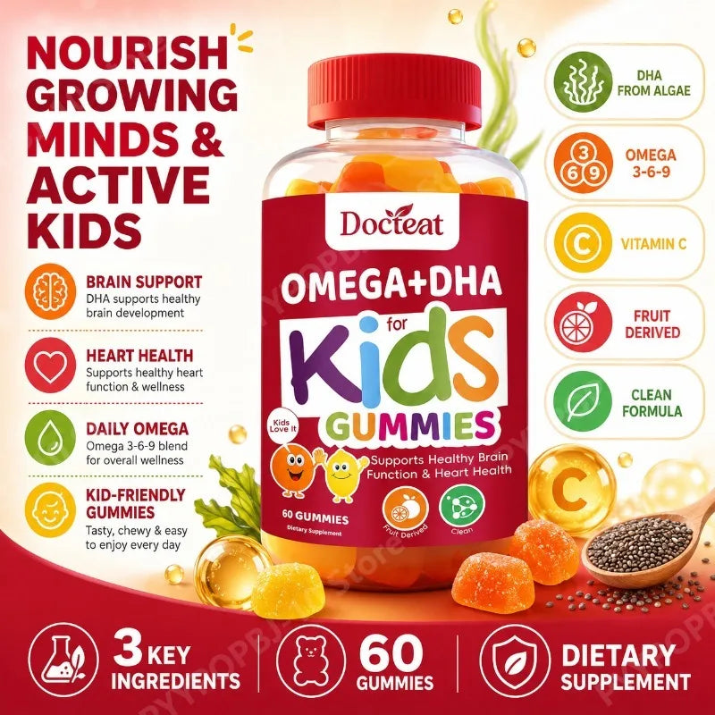 Omega+DHA Gummies for Kids with DHA from Algae Chia Oil Vitamin C Daily Wellness Support 60 Gummies