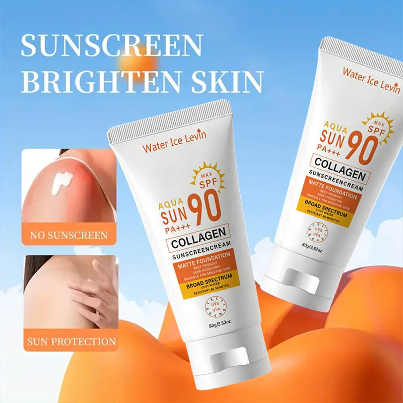 SPF 90+ Sunscreen Cream. PA+++ Broad Spectrum. Water Resistant 80 Minutes. Protects UVB UVA. Reef Friendly. Collagen. 80g.