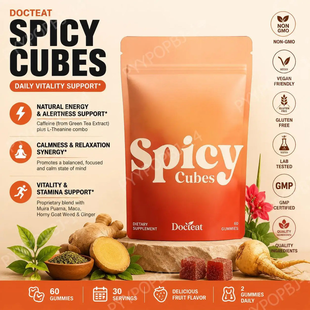 Docteat Spicy Cubes Gummies with Caffeine and L-Theanine for Natural Energy & Alertness Support, Calmness, Relaxation 60 Gummies