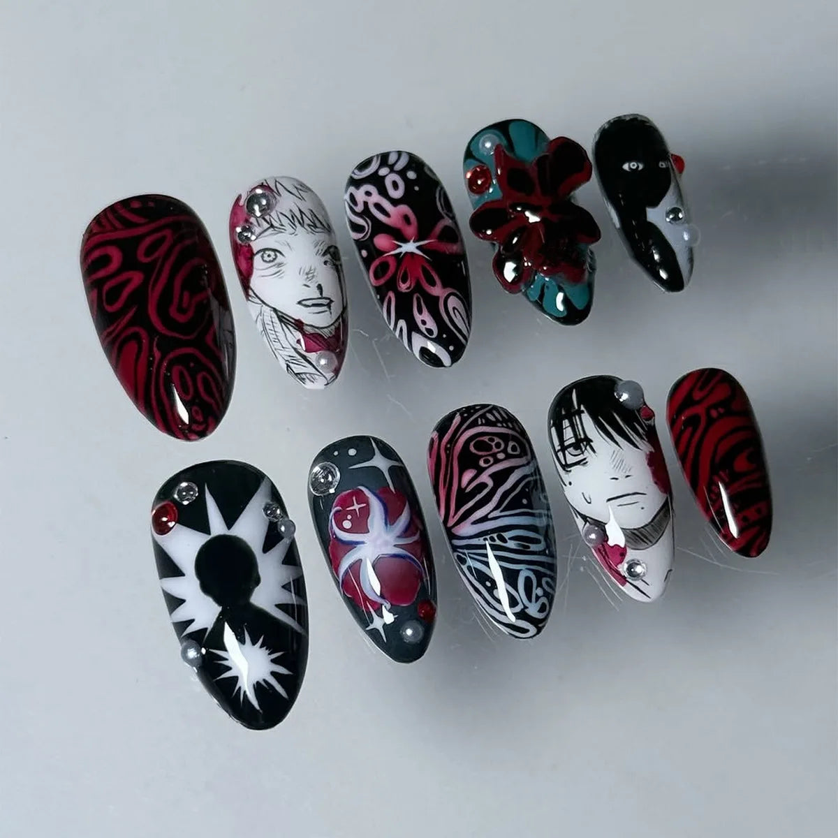 24pcs Anime Manga Press On Nail Black Red Gothic Oval False Nail 3D Rhinestone Spider Flower Fake Nail Y2K Almond Nail for Women