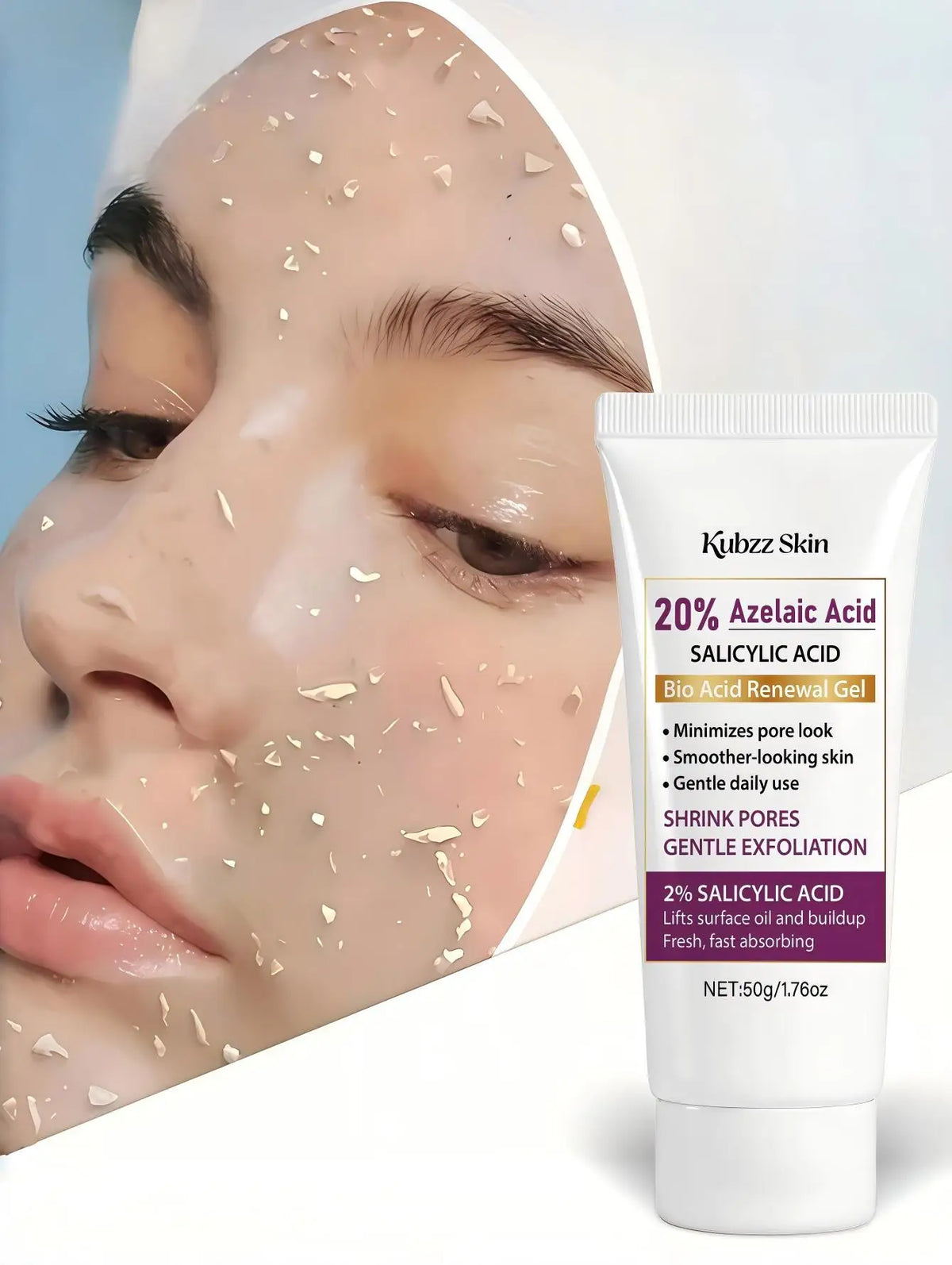 Kubzz Skin 20% Azelaic Acid Salicylic Acid Renewing Gel 50G——Pore-Shrinking Exfoliating Gel, Contains 2% Salicylic Acid, Smooths Skin, Gentle Exfoliation, Removes Surface Oil and Dirt, Refreshing and Quickly Absorbed, Sui