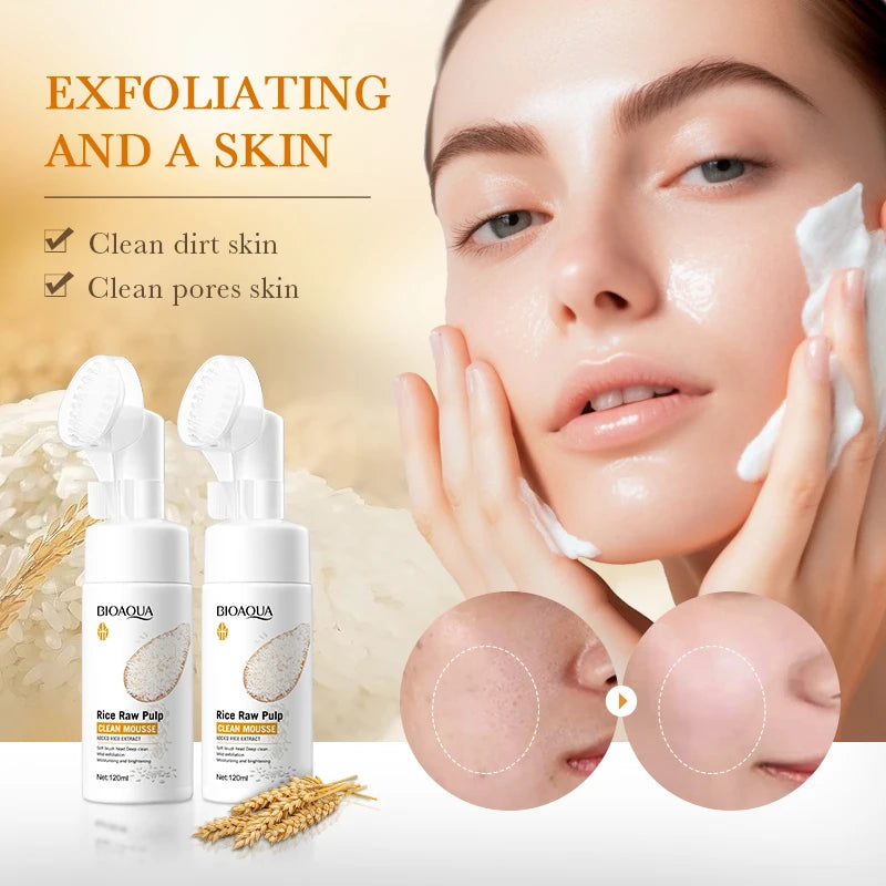 120ml BIOAOUA Rice Raw Pulp Foaming Facial Puree Cleansing Mousse Soothing Facial Cleanser With Brush Head Clear Face Wash