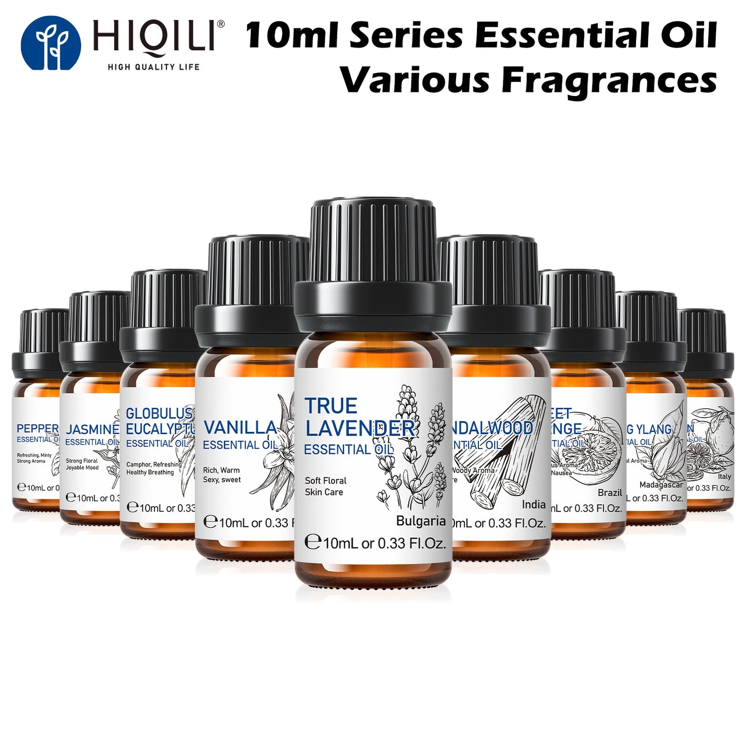 HIQILI 10ml Pure Essential Oil Lavender Jasmine Eucalyptus Vanilla Sandalwood Sweet Orange Lemon Rose Scent for Massage Diffuser