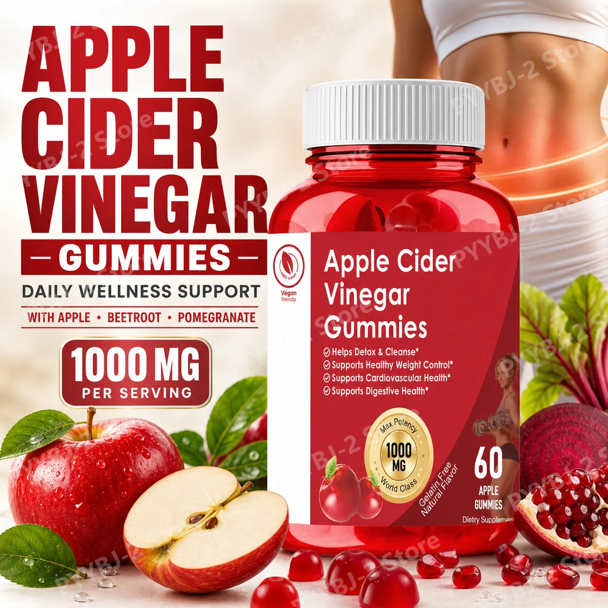 Apple Cider Vinegar Gummies Support Metabolism Digestive Health with Vitamin B12 & Folate – 60 Gummies