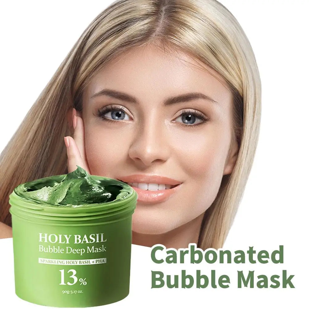 Holy Basil Bubble Deep Mask Reduce Refine Pores Cleansing Blackhead Exfoliating Sparkling PHA Clay Smear Mud Film Green Mask