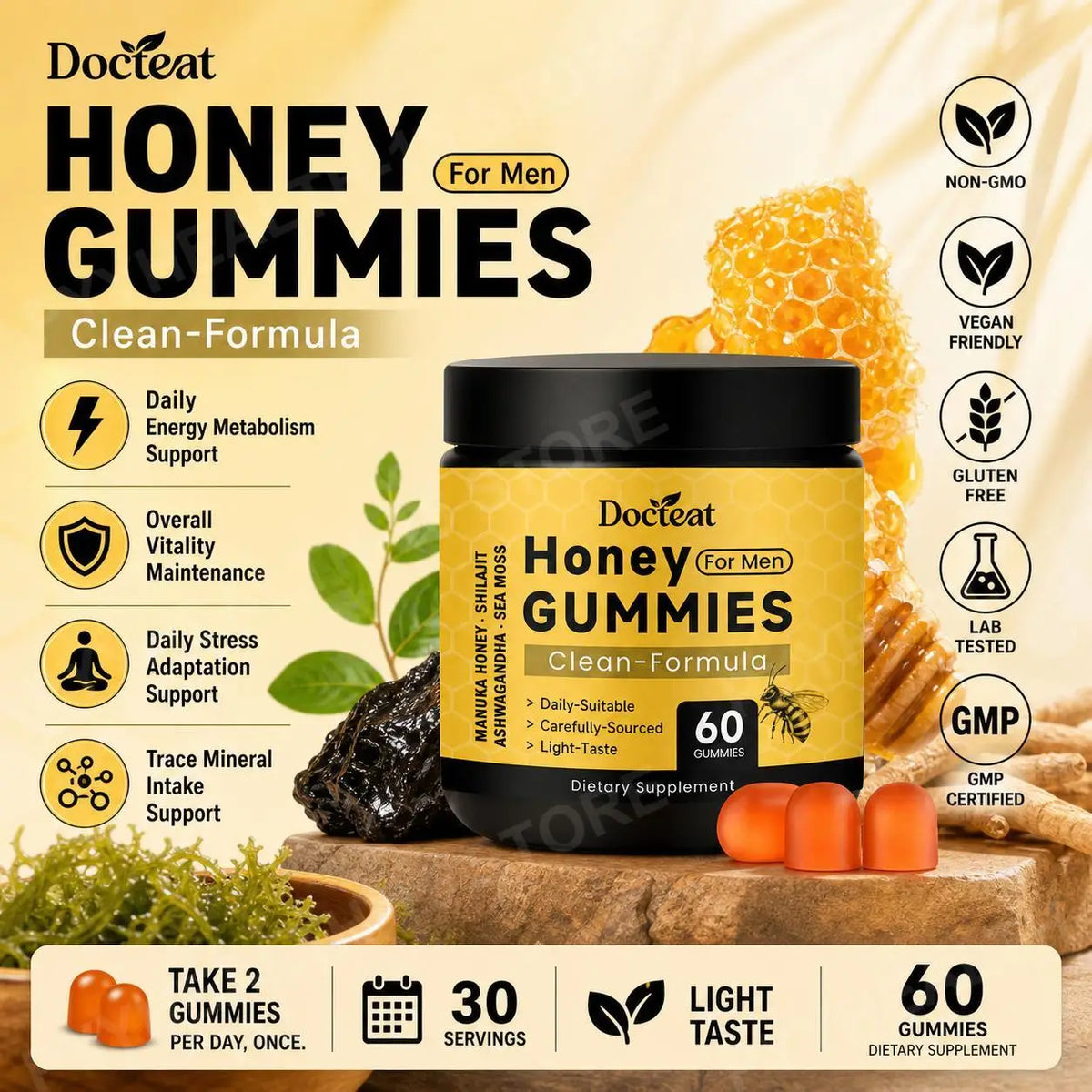 Docteat Honey for Men Gummies with Shilajit Sea Moss Manuka Honey and Ashwagandha for Daily Stress Adaptation Support 60 Gummies