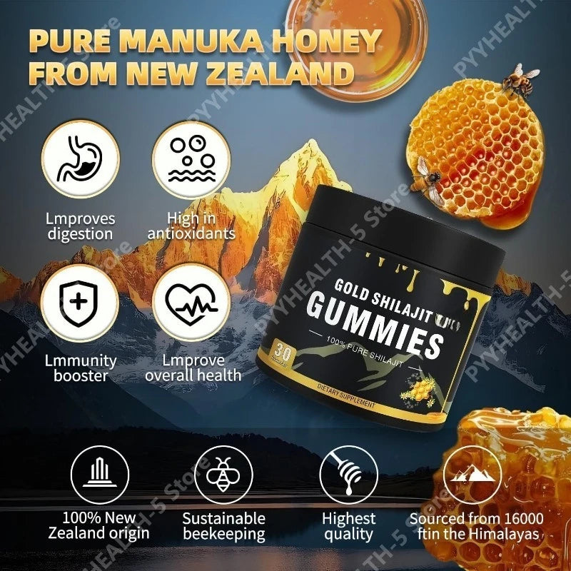 Gold Shilajit Gummies with Manuka Honey MGO 263 Himalayan Shilajit Vegan Non GMO Gluten Free Energy Vitality Supplement 30 Count