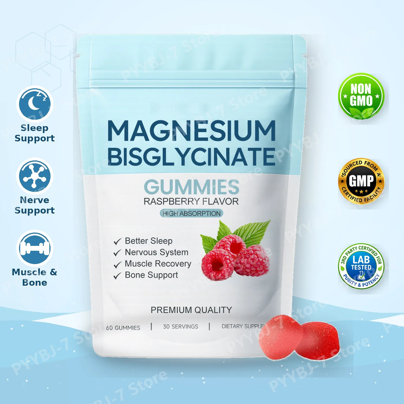 Magnesium Bisglycinate Gummies for Adult Sleep Support and Nervous System Health Muscle Recovery 60 Gummies Raspberry Flavor