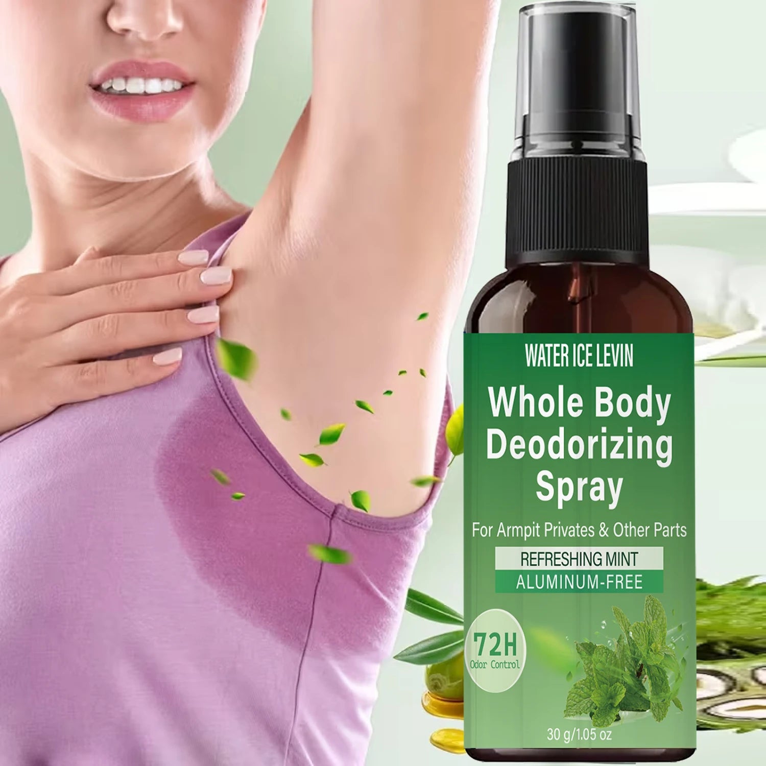 Whole Body Deodorizing Spray Refreshing Mint 72H Odor Control Aluminum-Free for Armpit & Body with Collagen HA 30g