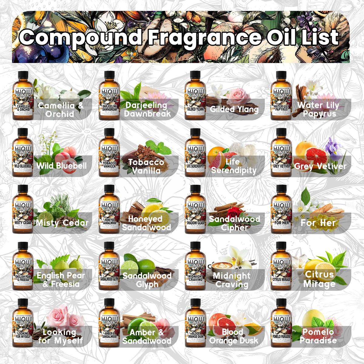 HIQILI New 30ml Perfume Oil Series, White Tea/Rose/Vanilla/Orange Blossom/Chamomile, For Humidifier/Diffuser, DIY Candle