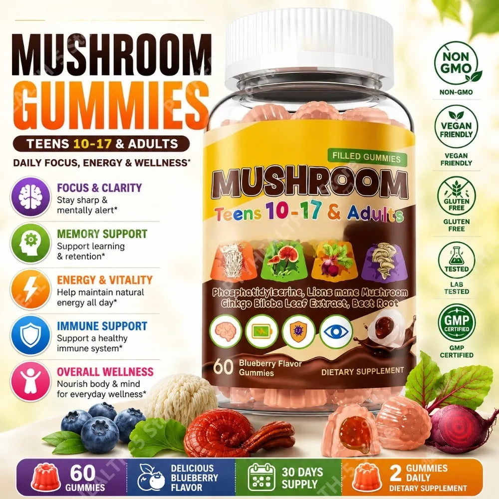 Lion's Mane Reishi Mushroom Gummies with Ginkgo PS Beet Root Vitamins B6 C D3 60 Ct Sugar Free Daily Wellness Support