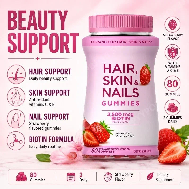 Hair Skin Nails Gummies with Biotin 2500 Mcg Vitamins A C E  Strawberry Flavored Daily Beauty Support 80 Gummies